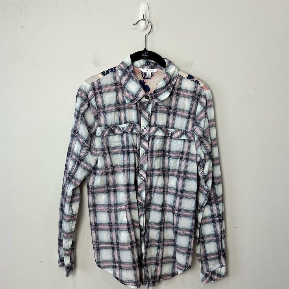 Cabi plaid floral button down shirt pink blue cotton